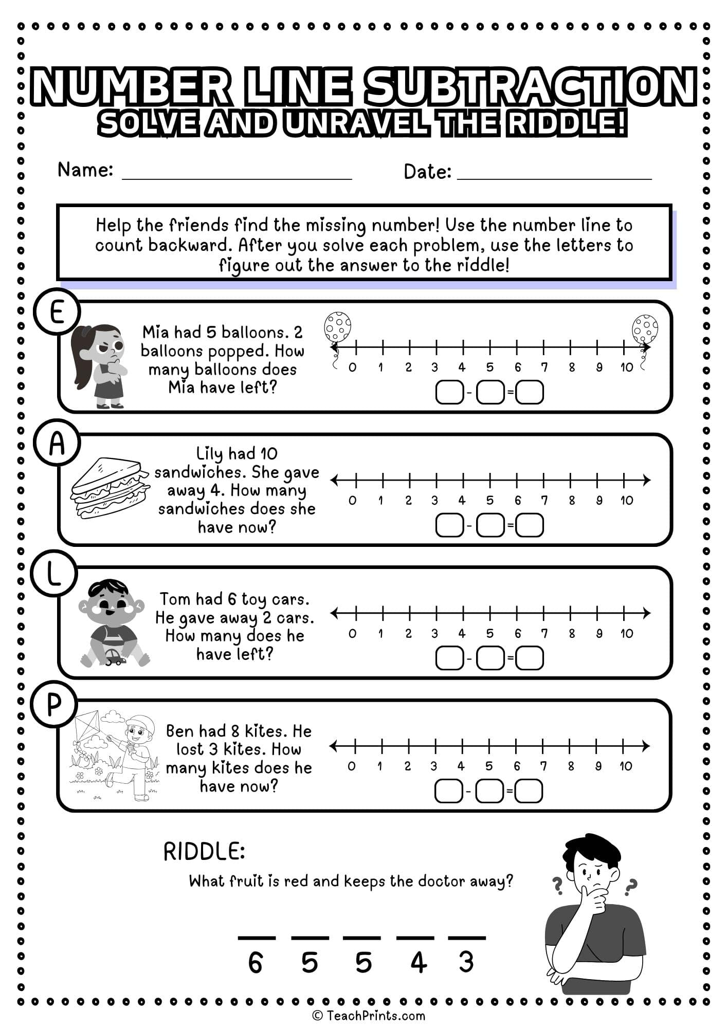 free number line subtraction worksheet