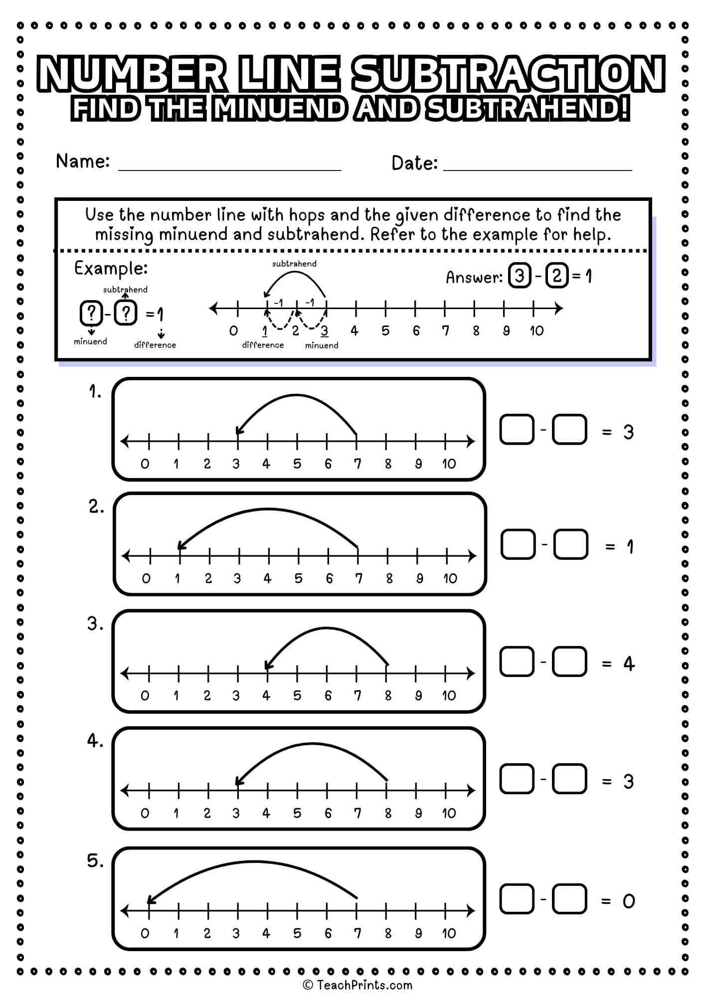 free number line subtraction worksheet