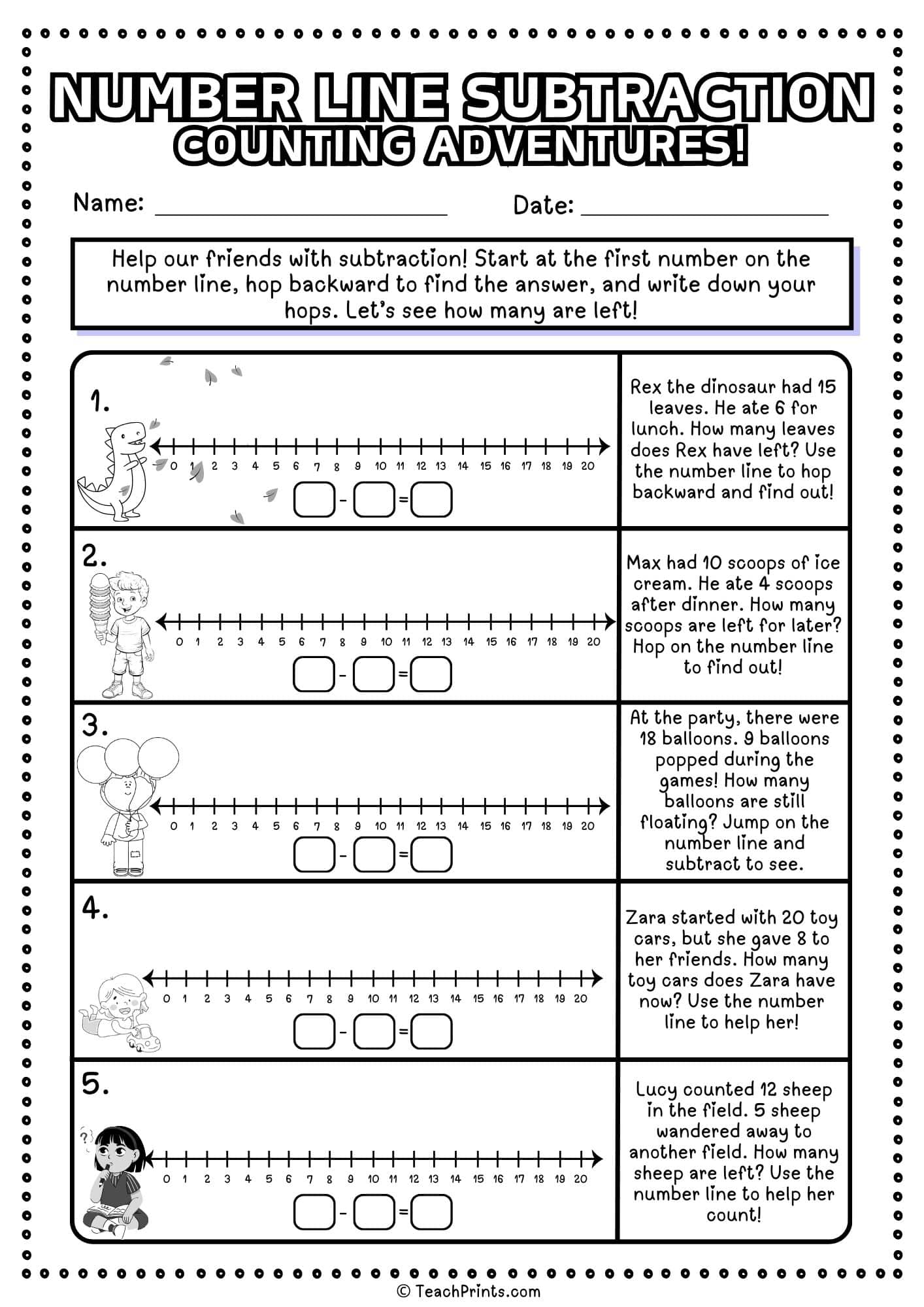 free number line subtraction worksheet