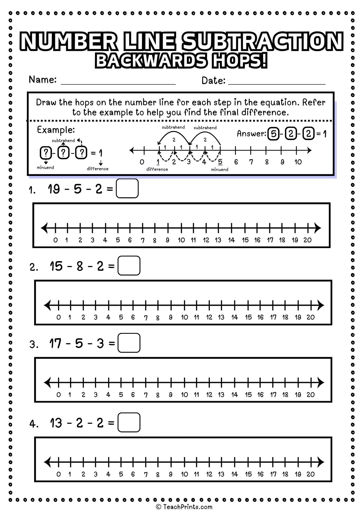 free number line subtraction worksheet