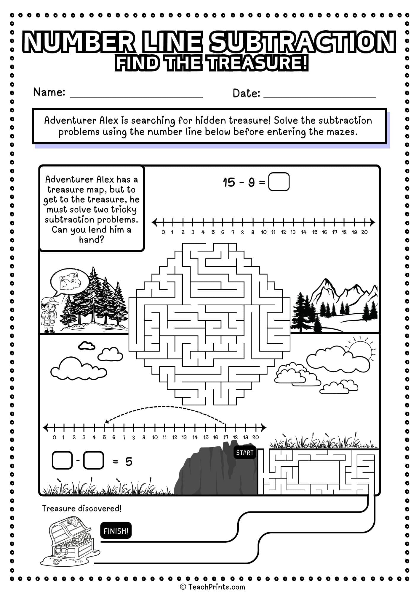 free number line subtraction worksheet