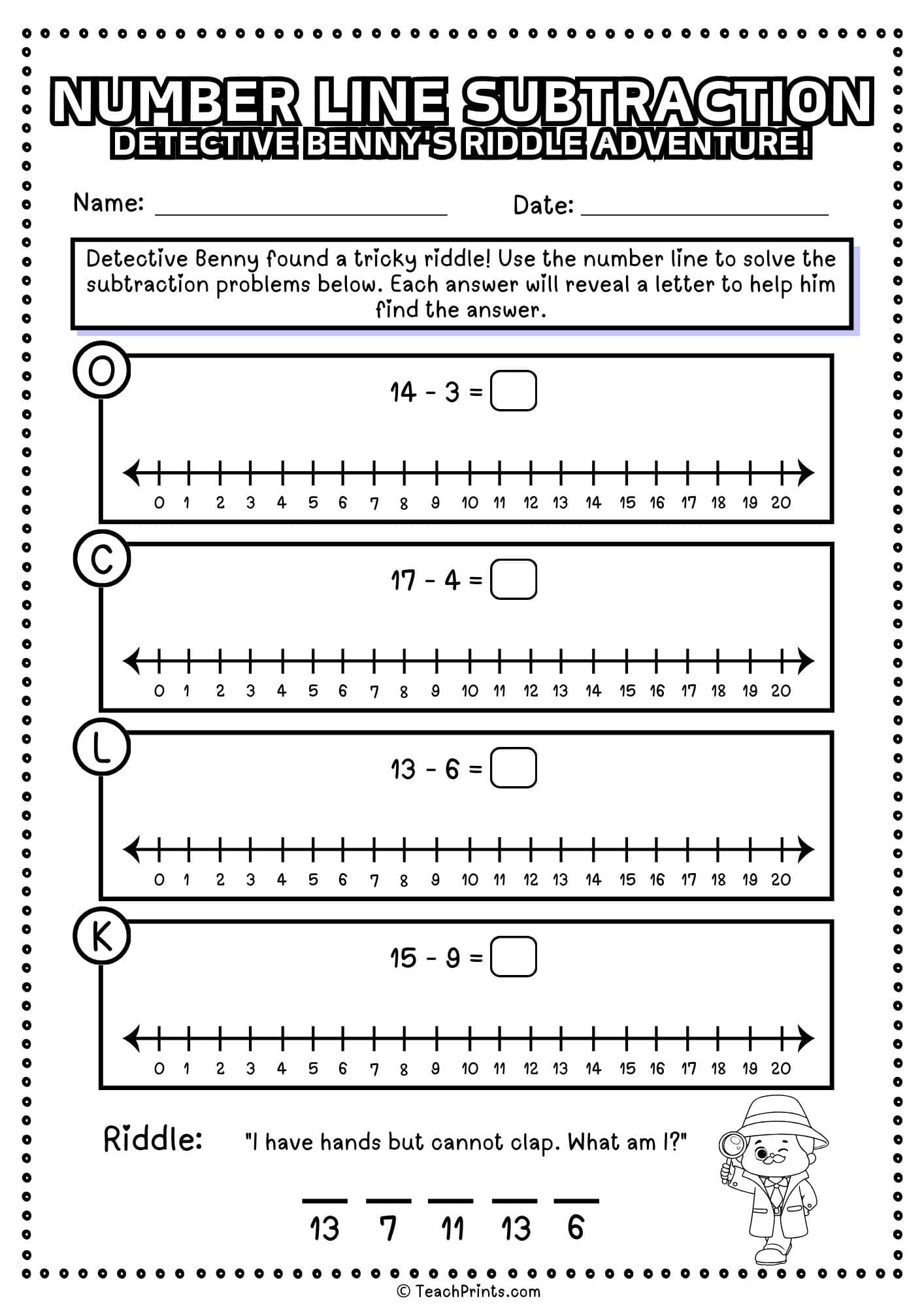 free number line subtraction worksheet
