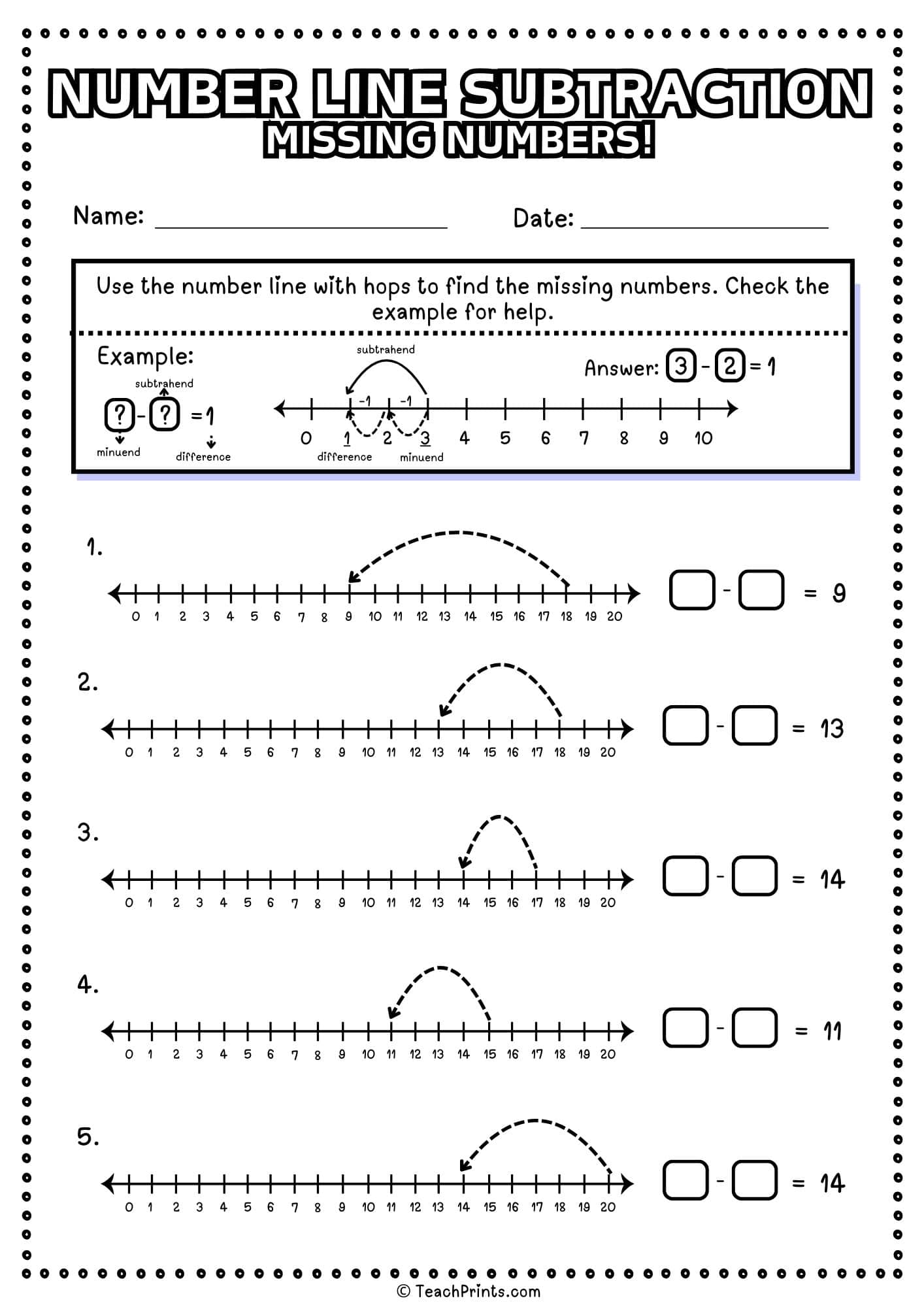 free number line subtraction worksheet