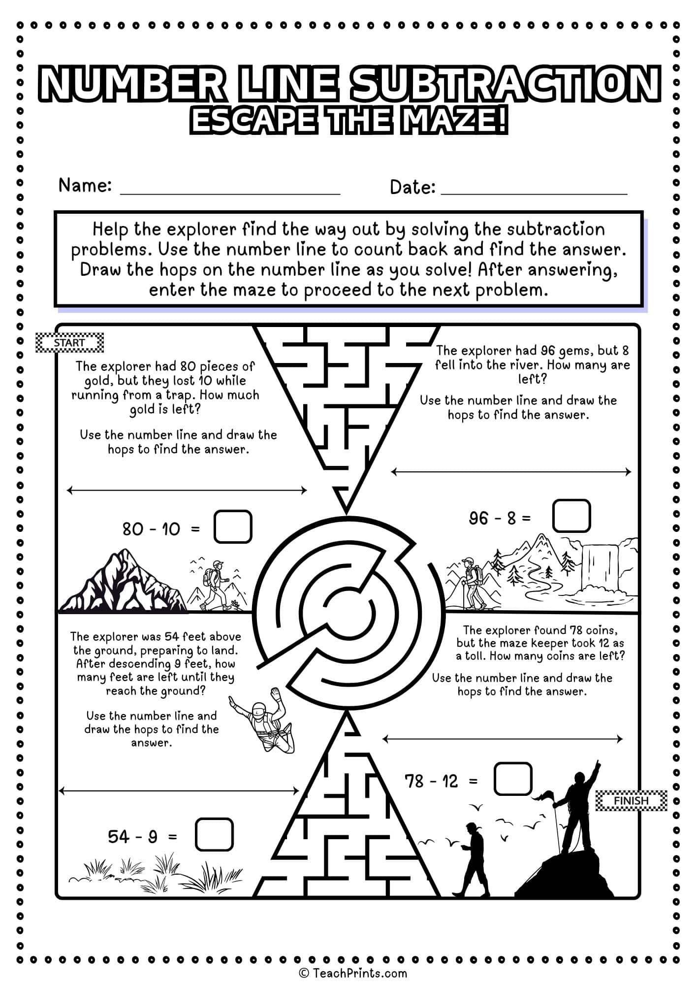 free number line subtraction worksheet
