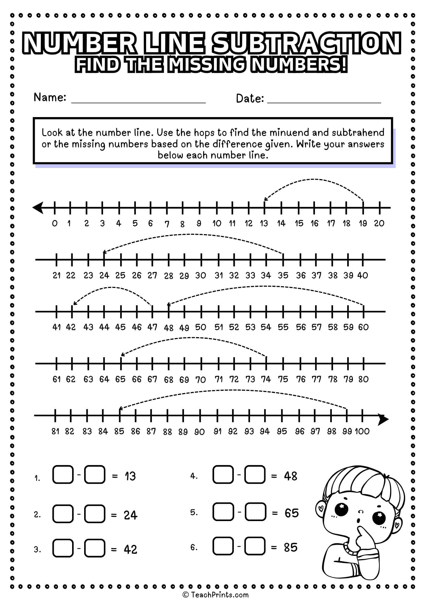 free number line subtraction worksheet