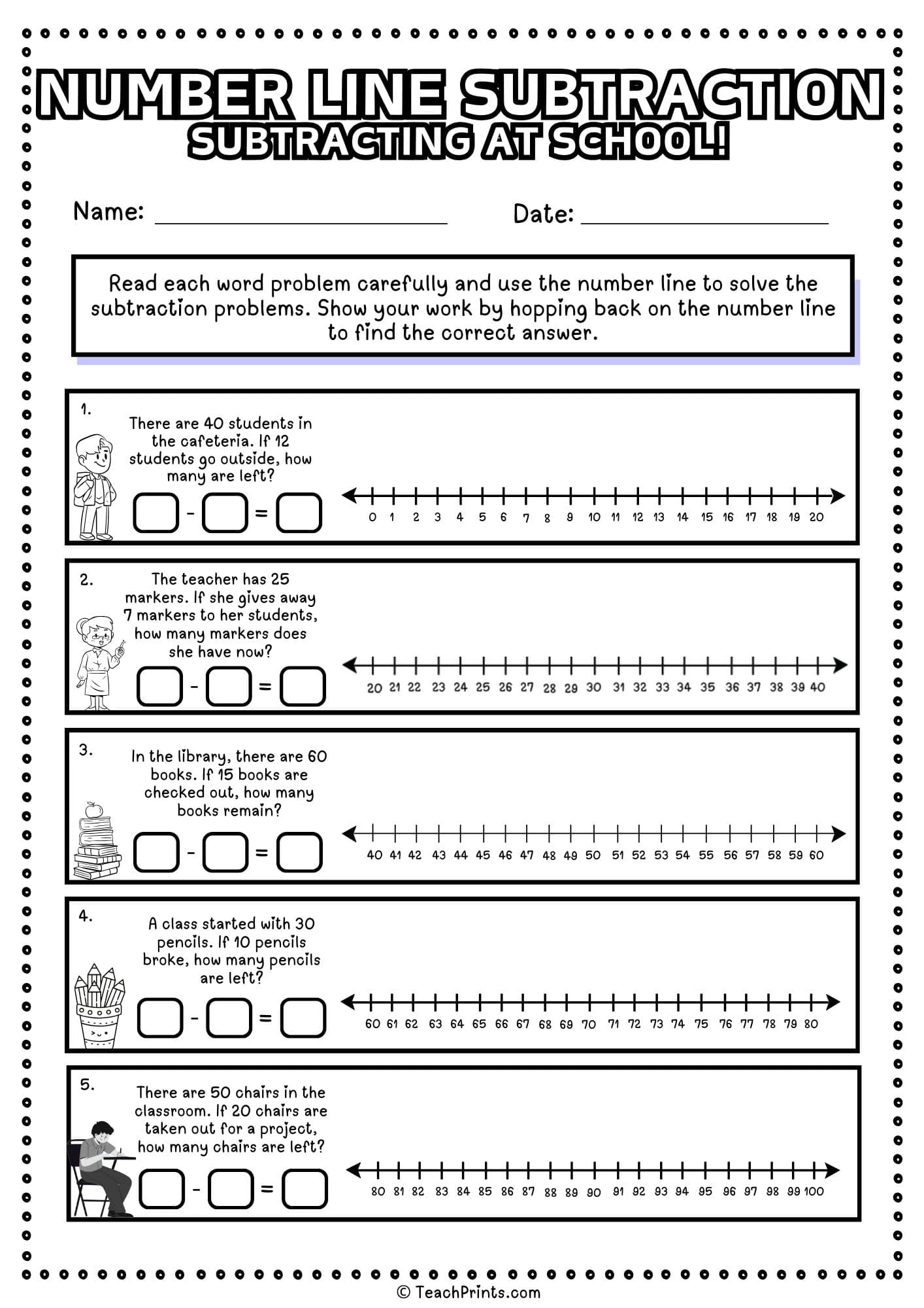 free number line subtraction worksheet