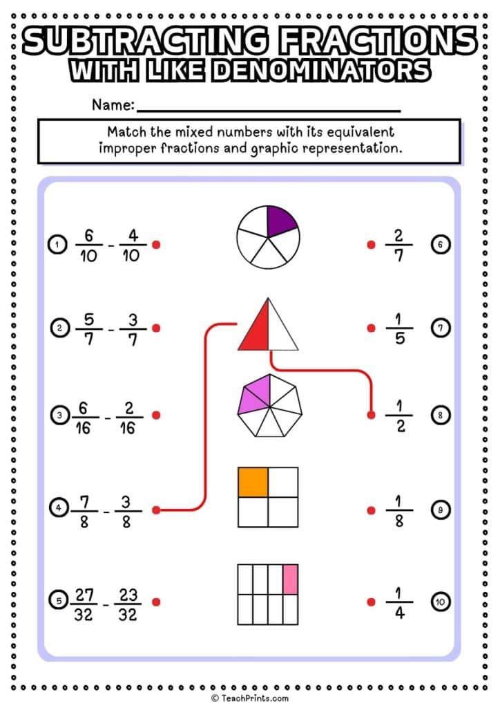 subtracting fractions with like denominators worksheet