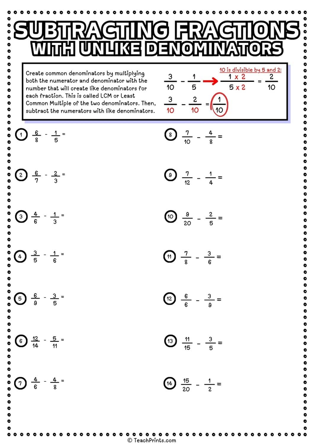 Subtracting fractions with unlike denominators worksheet