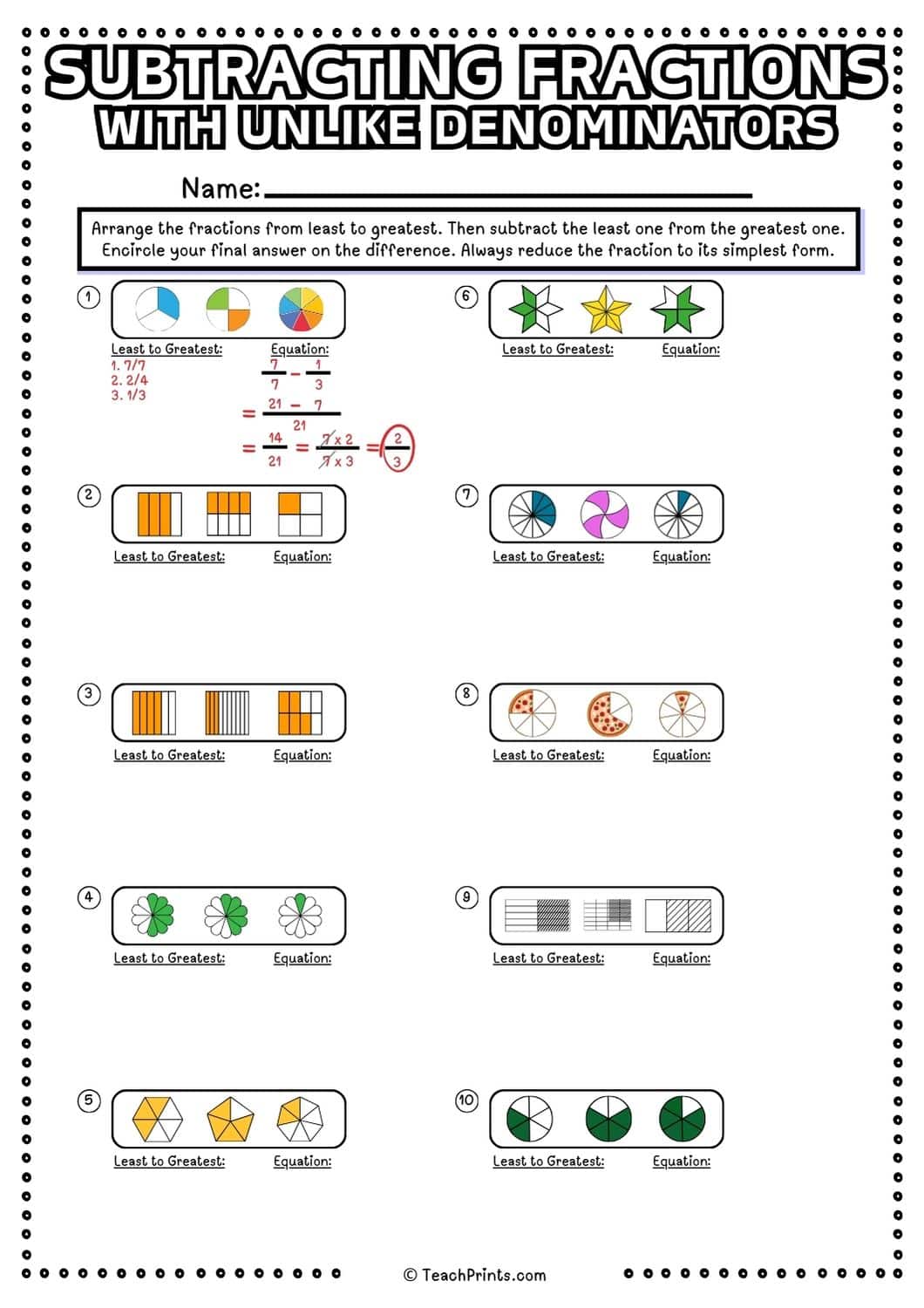 Subtracting fractions with unlike denominators worksheet