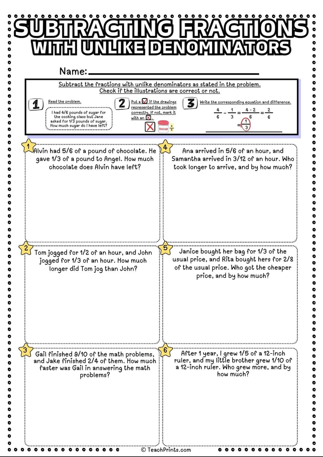 Subtracting fractions with unlike denominators worksheet