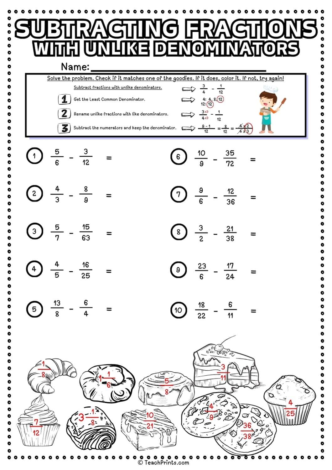 Subtracting fractions with unlike denominators worksheet