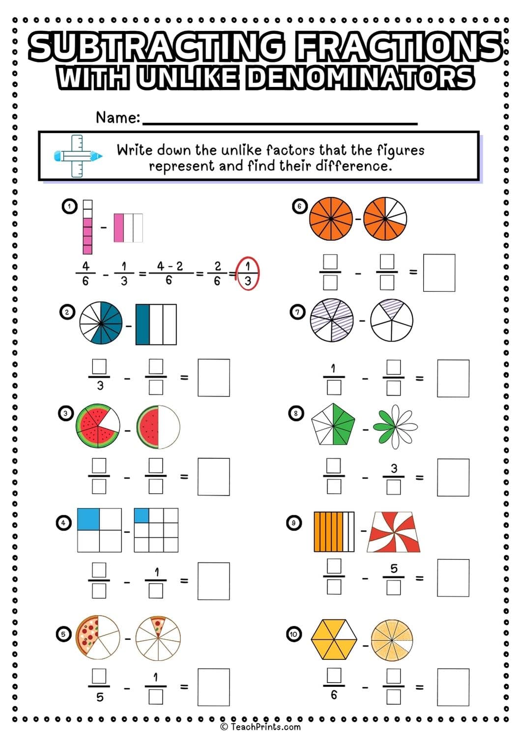 Subtracting fractions with unlike denominators worksheet