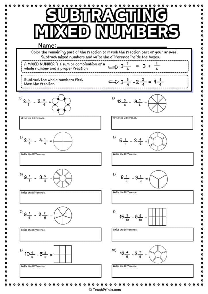 Free Subtracting Mixed Numbers Worksheets Teach Prints