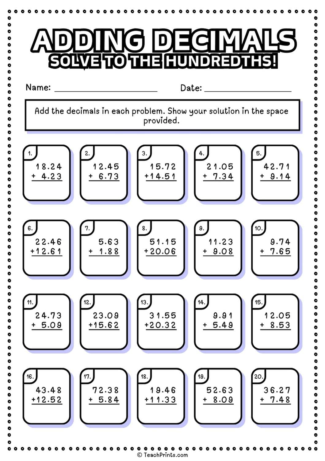 adding decimals worksheet