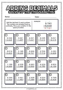 Free Adding Decimals Worksheets - Teach Prints