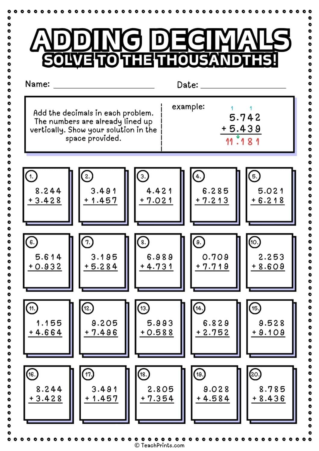 adding decimals worksheet