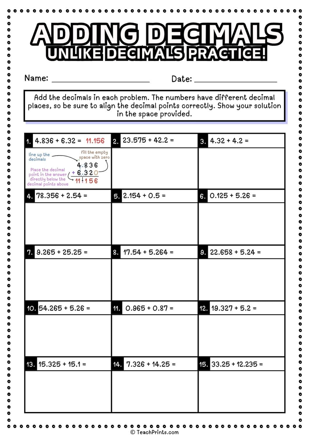 adding decimals worksheet