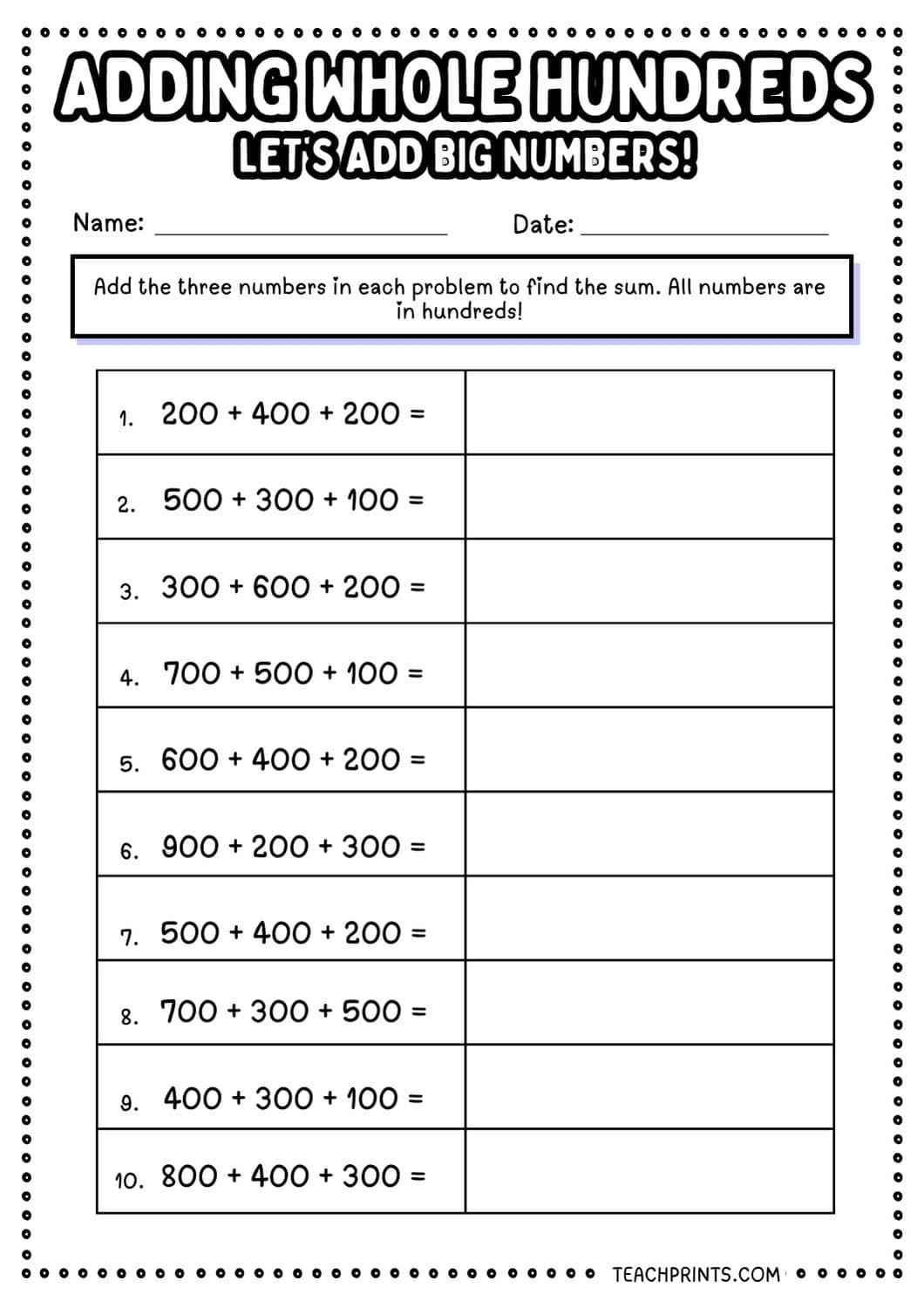 Free Adding Whole Hundreds Worksheets 7 adding whole hundreds worksheet