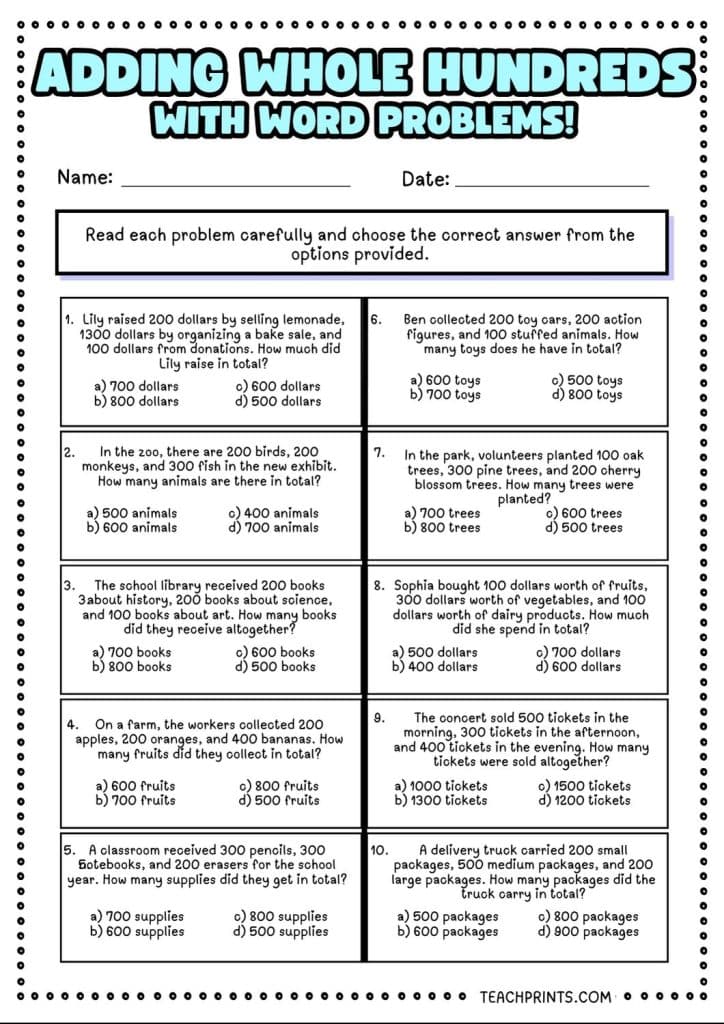 Free Adding Whole Hundreds Worksheets - Teach Prints