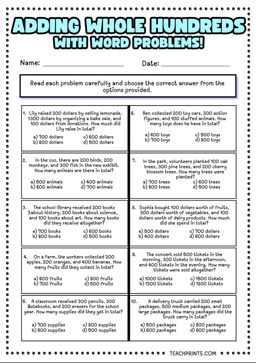 Free Adding Whole Hundreds Worksheets 11 adding whole hundreds worksheet