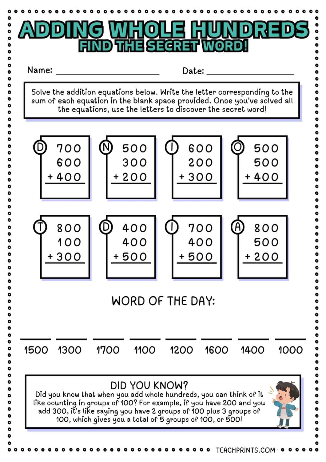 Free Adding Whole Hundreds Worksheets 19 adding whole hundreds worksheet