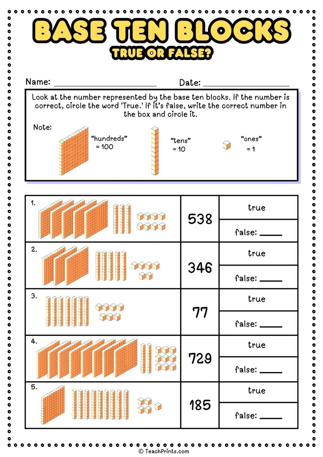 Free Base Ten Blocks Worksheets - Teach Prints
