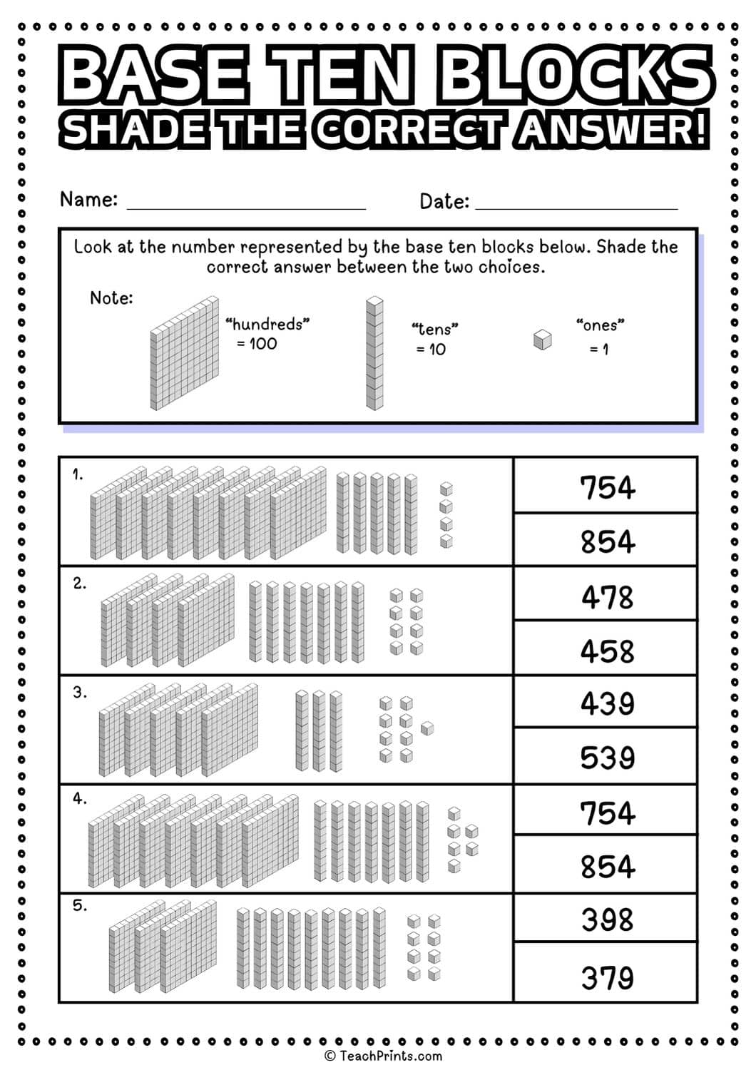 Free Base Ten Blocks Worksheets - Teach Prints