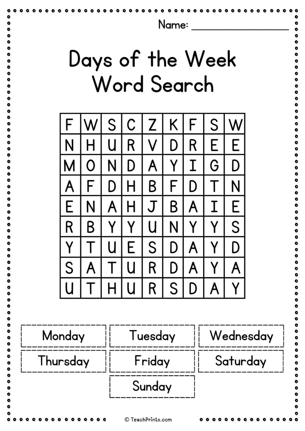 Free Days of the Week Worksheets - Teach Prints