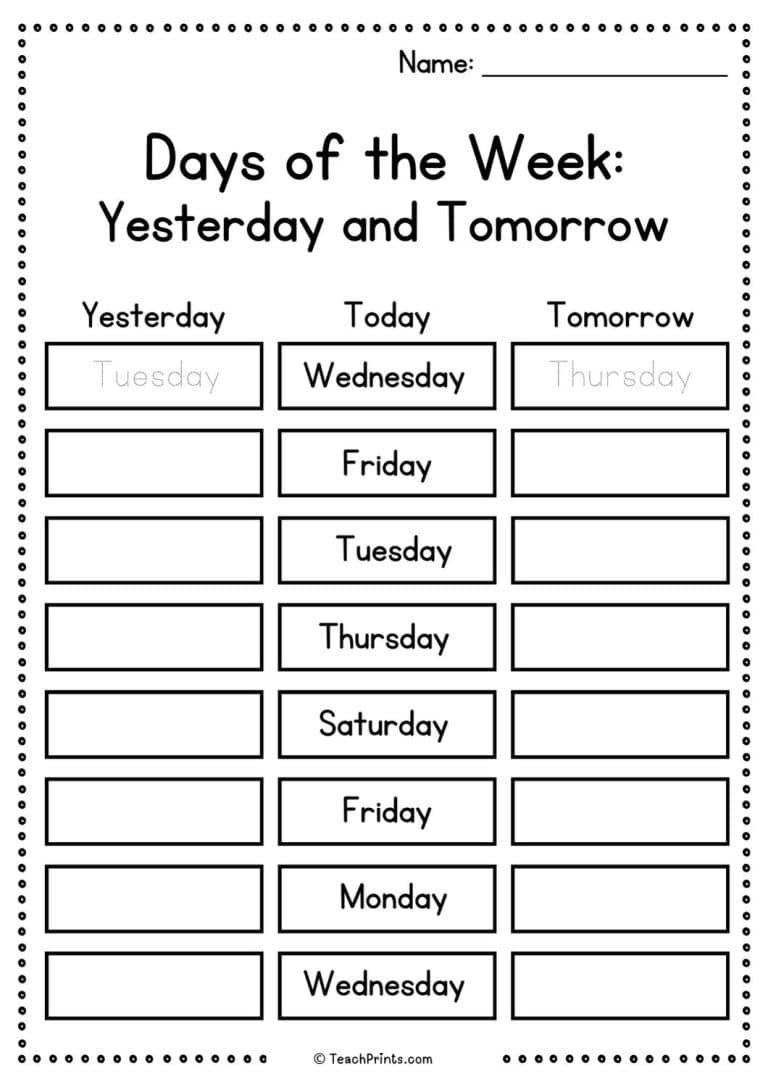 Free Days of the Week Worksheets - Teach Prints