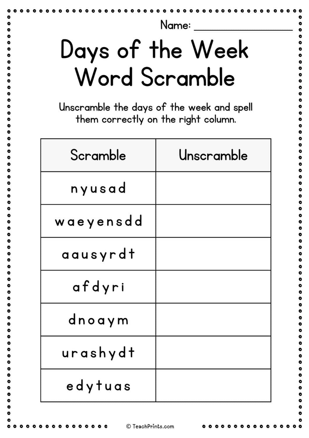 days of the week worksheets