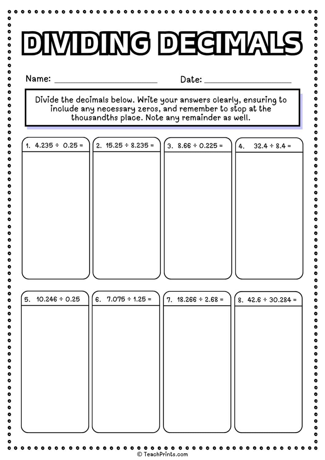dividing decimals worksheet