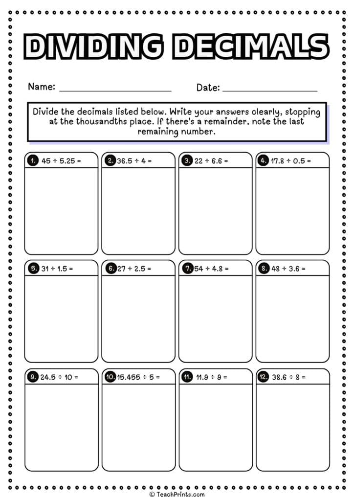 Free Dividing Decimals Worksheets - Teach Prints