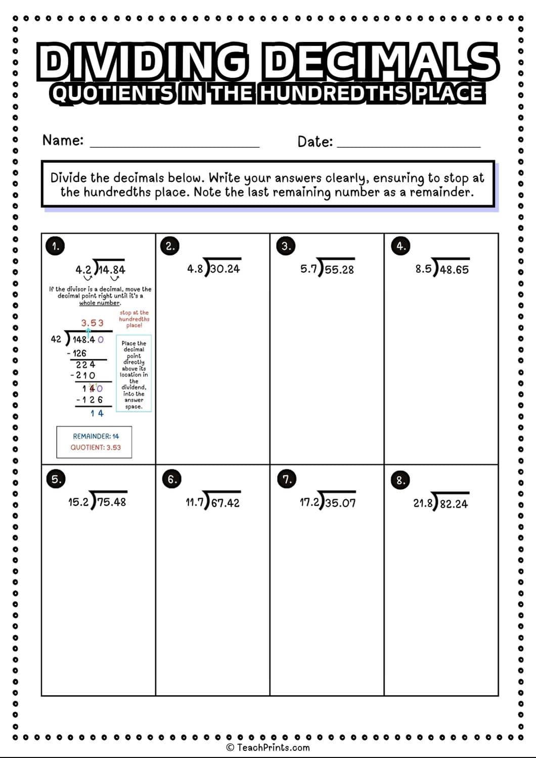 dividing decimals worksheet
