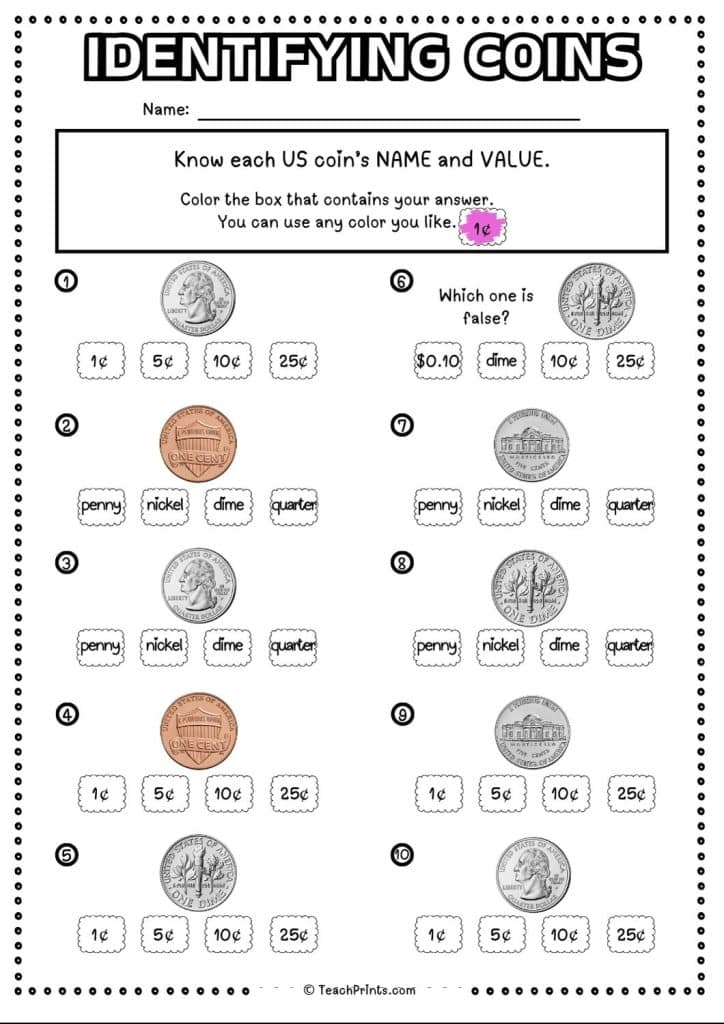 Free Identifying Coins Worksheets Teach Prints