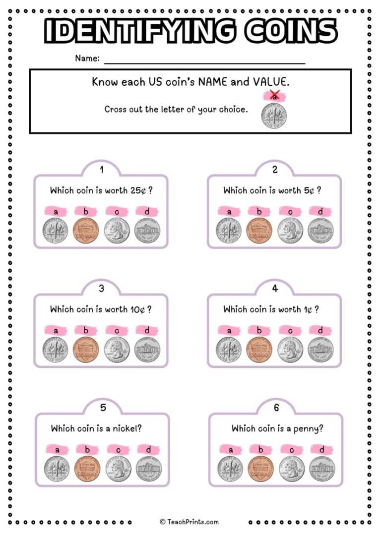 Free Identifying Coins Worksheets Teach Prints