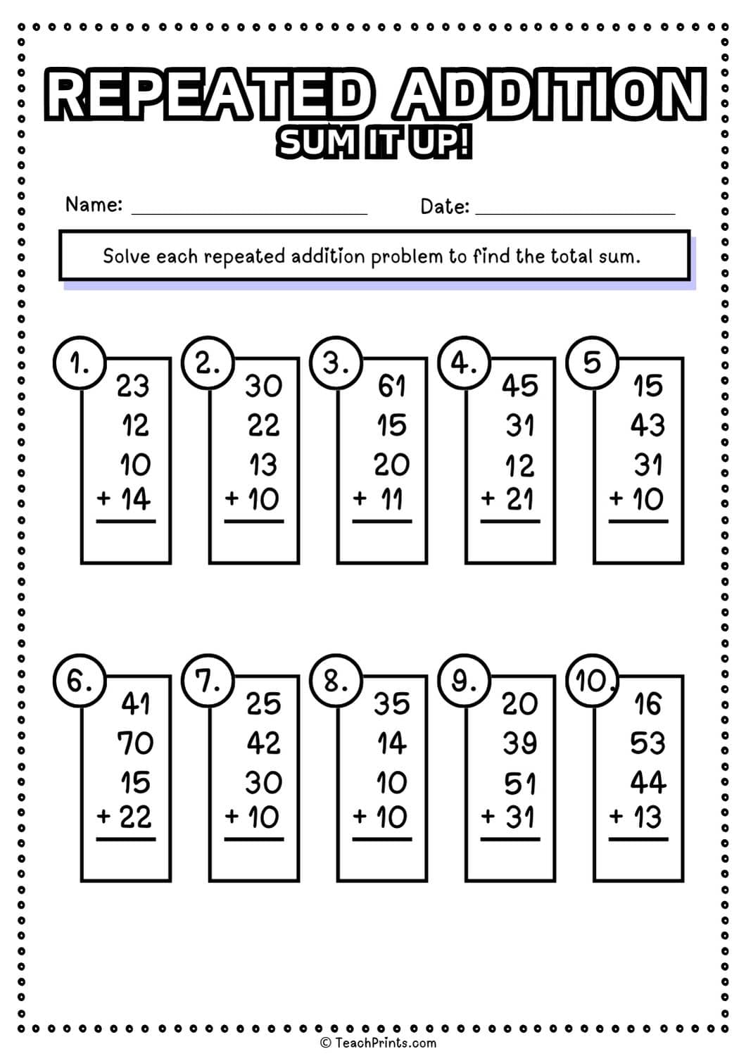 Free Repeated Addition Worksheets - Teach Prints
