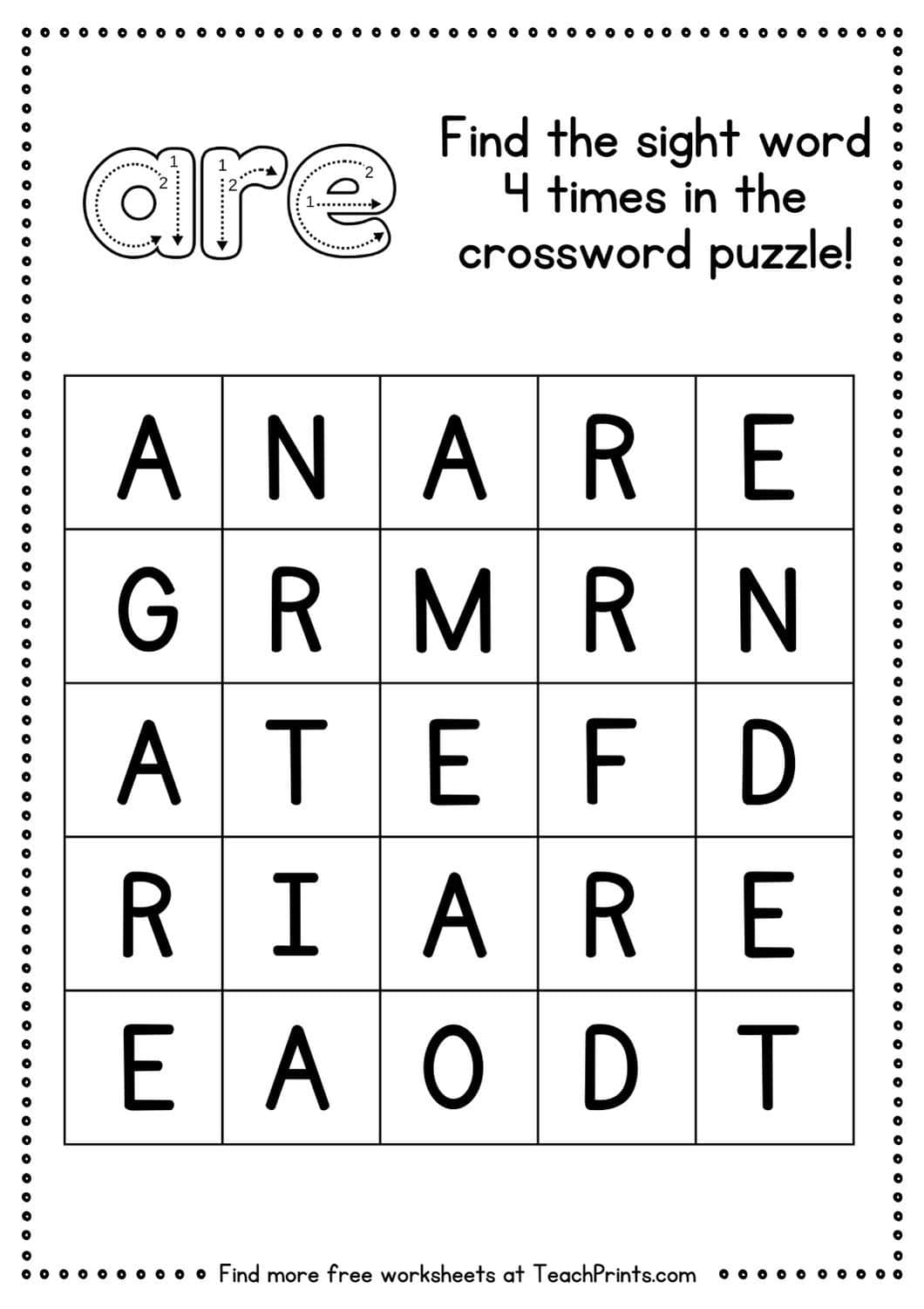 sight word are worksheet