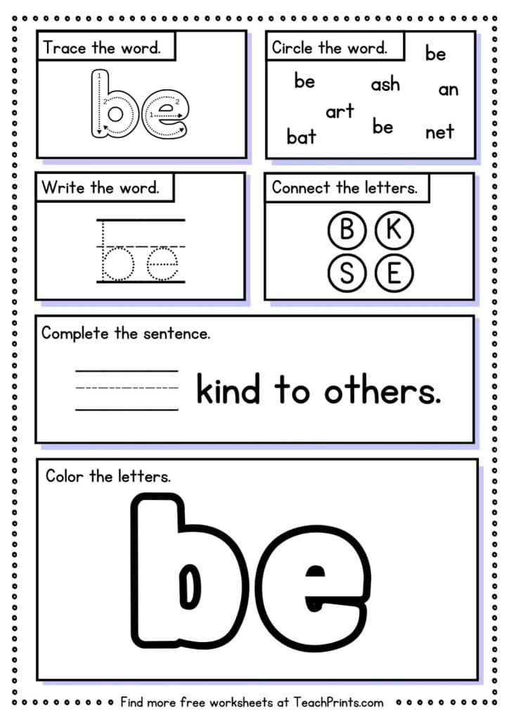 Free Sight Word 'Be' Worksheets Teach Prints