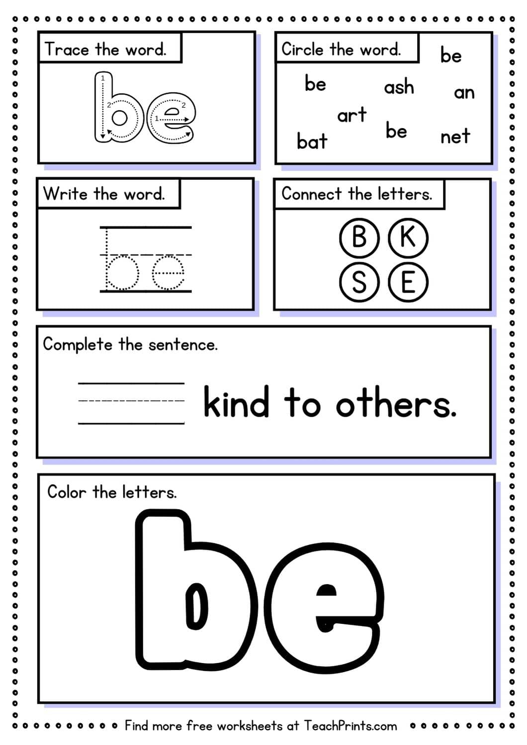 sight word be worksheet