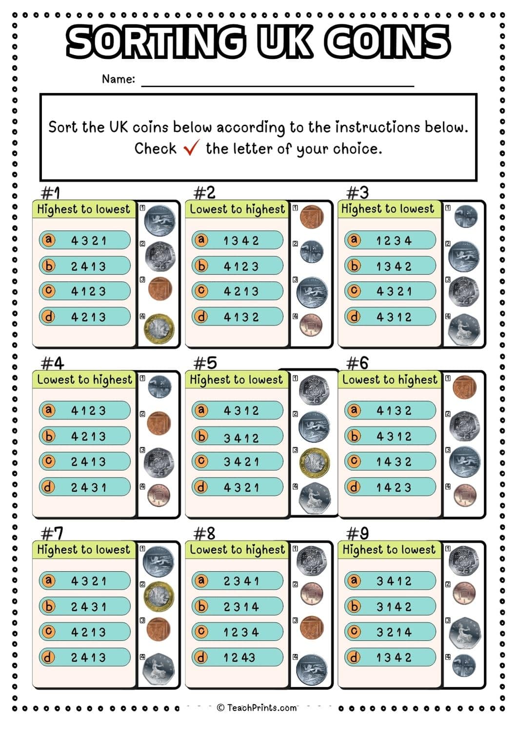 sorting coins worksheet