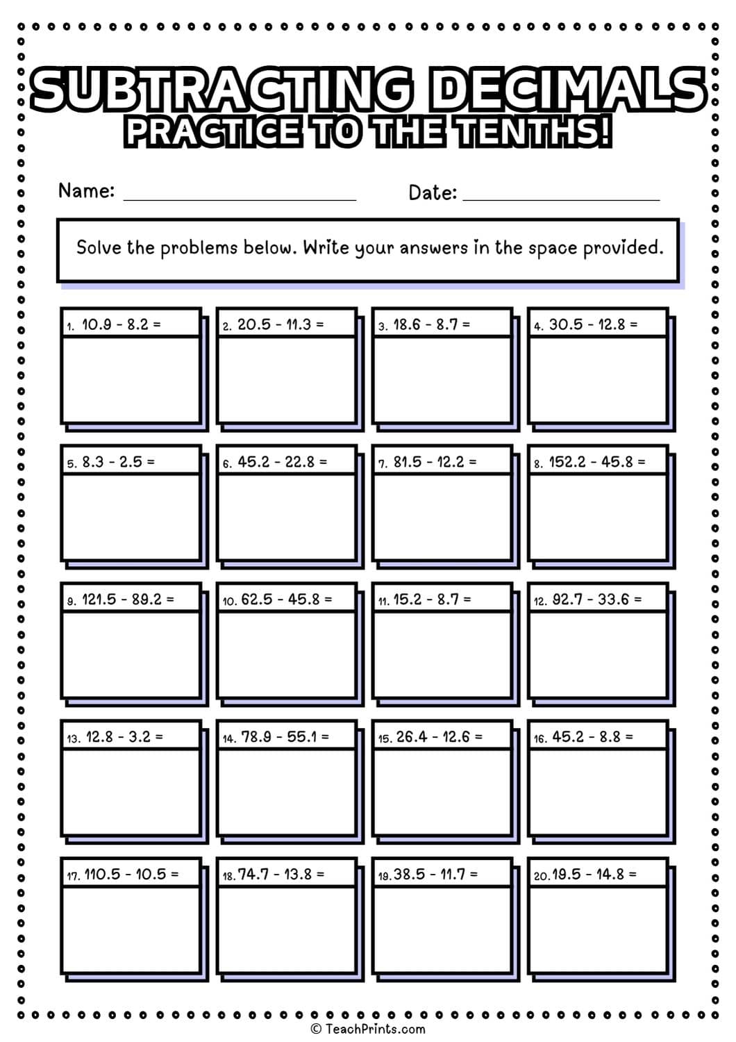 subtracting decimals worksheet