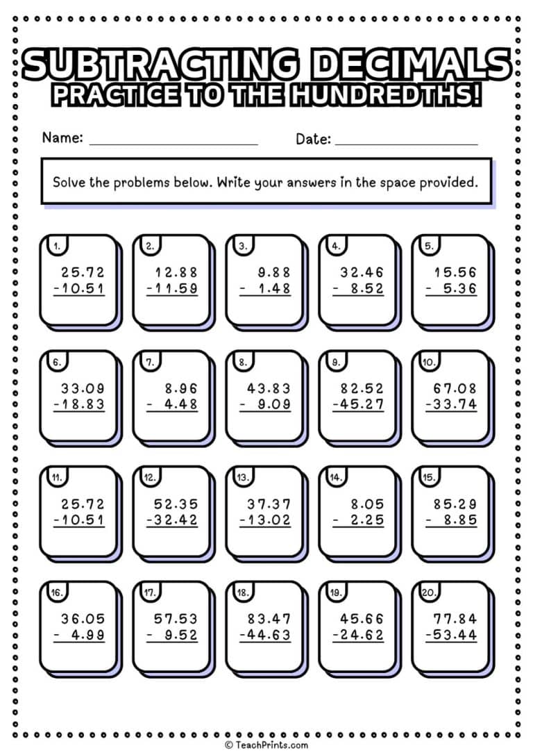 Free Subtracting Decimals Worksheets Teach Prints