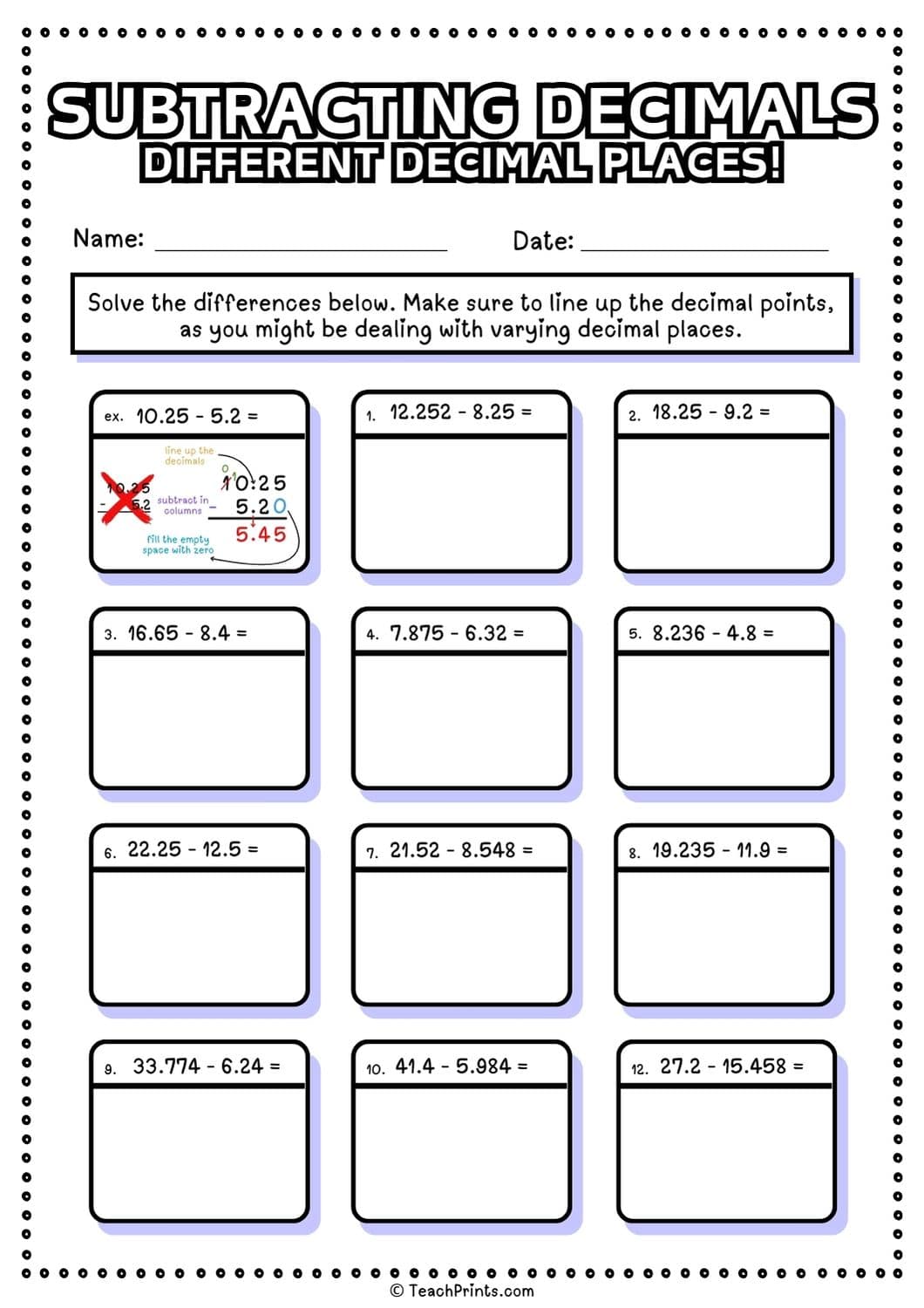 subtracting decimals worksheet