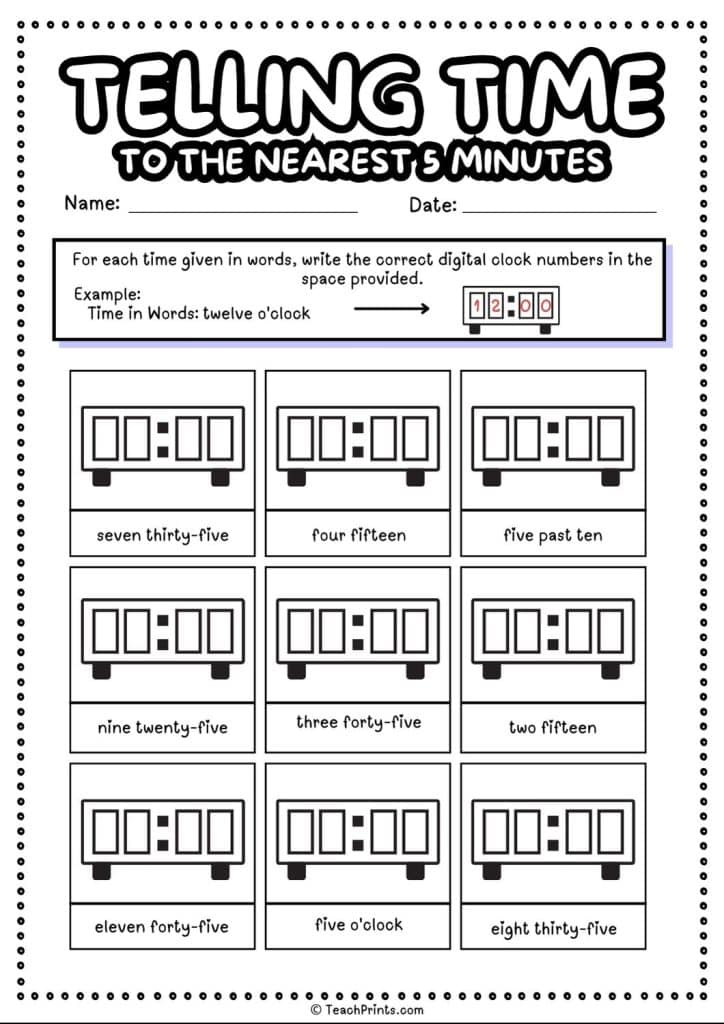 telling time to five minutes worksheet