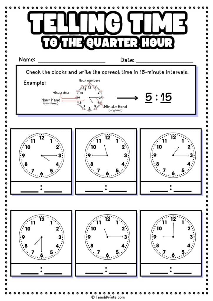Free Telling Time to the Quarter Hour Worksheets Teach Prints