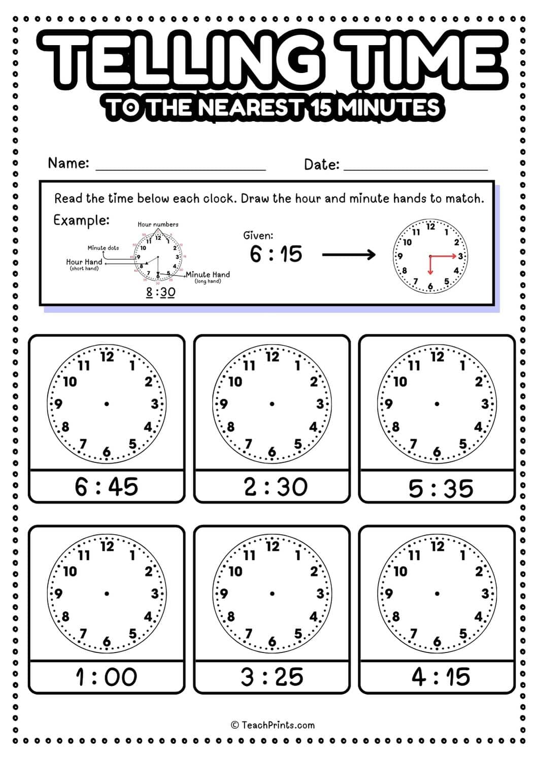 Free Telling Time to the Quarter Hour Worksheets 🍎 Teach Prints
