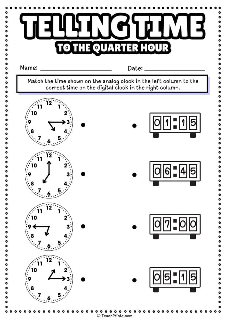 Free Telling Time to the Quarter Hour Worksheets - Teach Prints