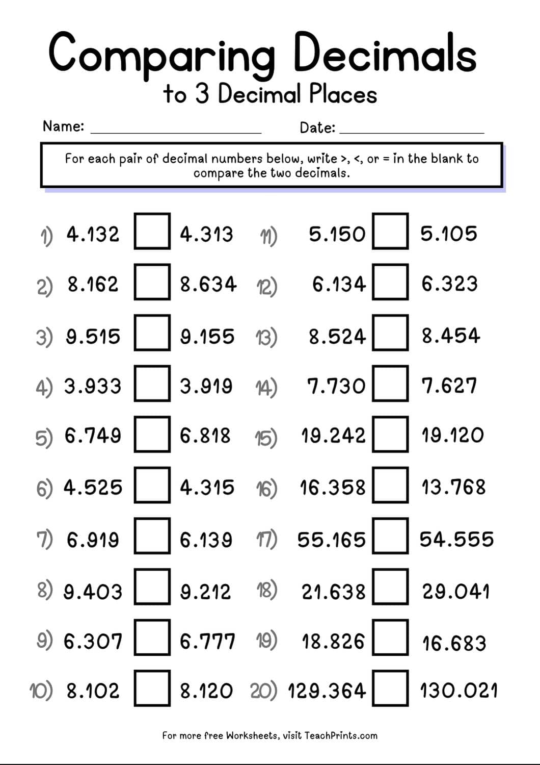 comparing decimals worksheet