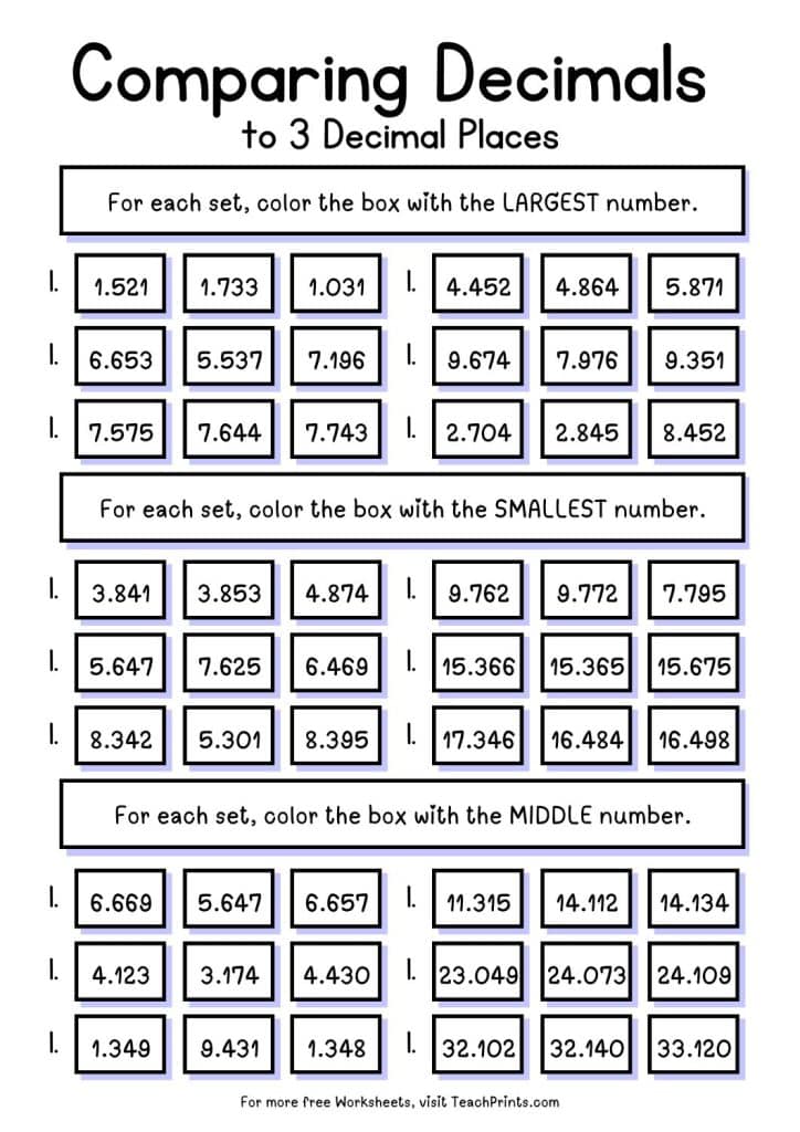 comparing decimals worksheet