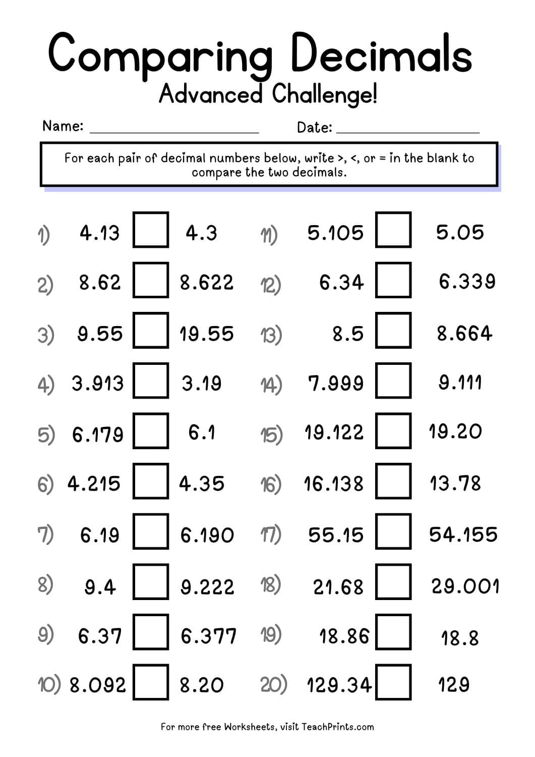 Free Comparing Decimals Worksheets Teach Prints